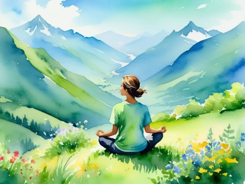 Pintura en acuarela: Meditación en la cima de la montaña Una pintura en acuarela serena con una persona meditando en la cima de una montaña, rodeada de flores silvestres