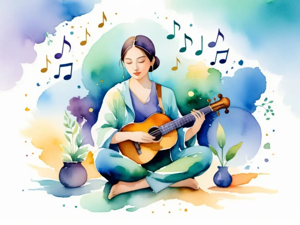Armonía musical en acuarela Una pintura acuarela serena de una persona meditando rodeada de notas musicales e instrumentos, con una expresión tranquila y serena