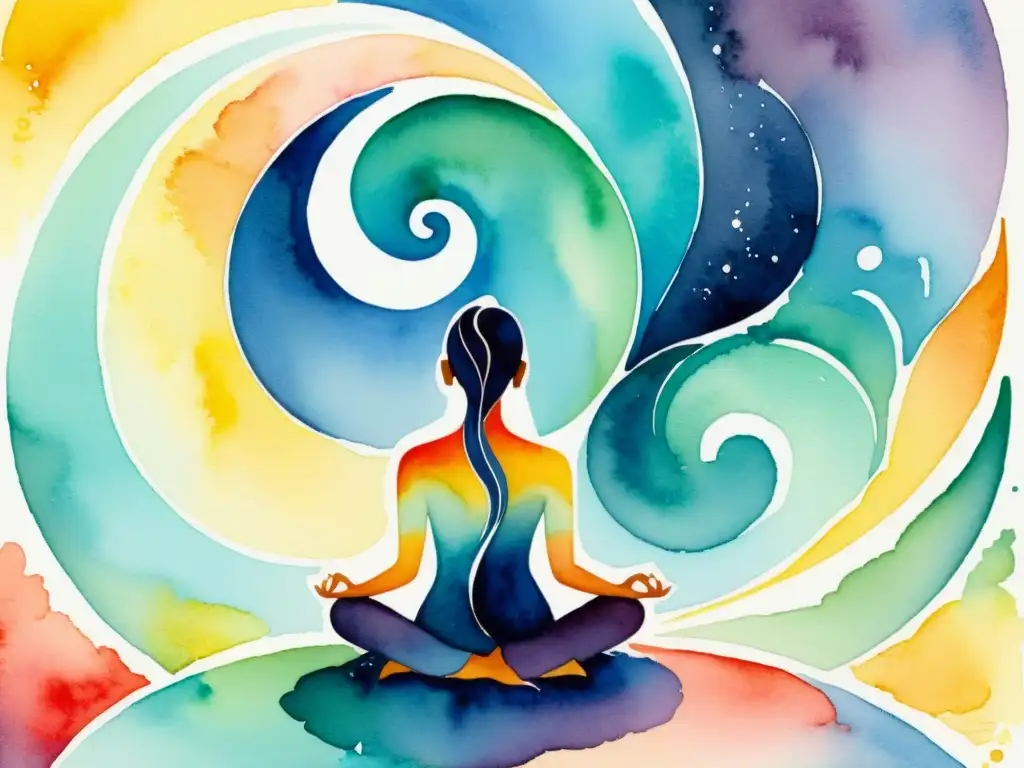 Armonía Kabbalística: Meditación en colores vibrantes Una pintura acuarela serena de contemplación Kabbalística para iluminación personal, con colores vibrantes y formas que invitan a la introspección