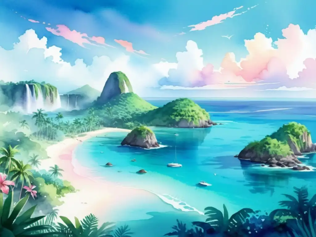 Isla tropical paradisíaca: pintura acuarela Una pintura acuarela serena de una remota isla exuberante rodeada de aguas turquesas cristalinas