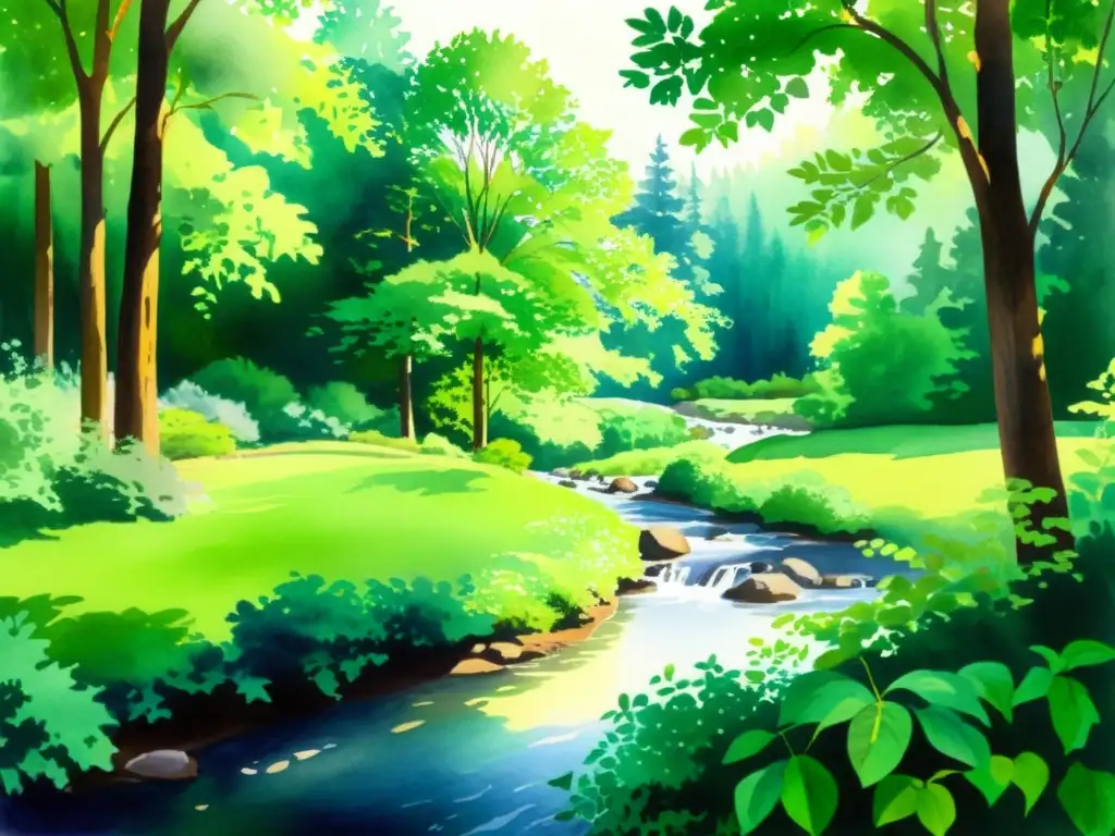 Retiro cristiano en el bosque: paz y serenidad Una pintura acuarela serena de un retiro cristiano en un bosque tranquilo, ideal para introspección y paz espiritual