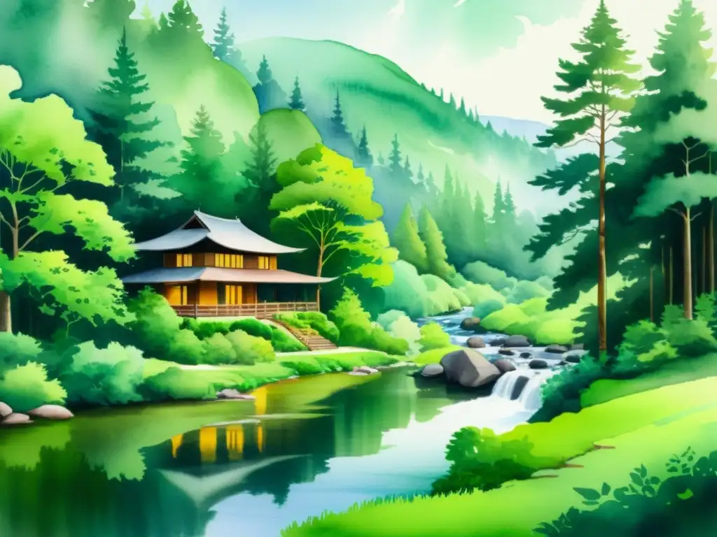 Retiro sereno en el bosque: acuarela de tranquilidad natural Una pintura acuarela serena de un retiro tranquilo en un bosque exuberante