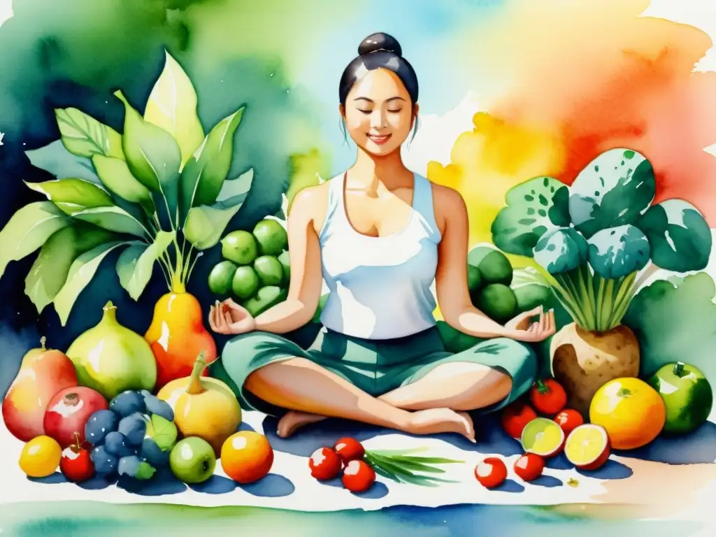 Meditación entre frutas y verduras: serenidad y paz interior Una pintura acuarela serena de meditación rodeada de frutas y verduras, evocando nutrición para meditación introspectiva