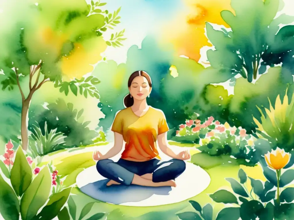 Meditación en el jardín: paz y serenidad Una pintura acuarela serena de meditación en un jardín, rodeado de flores vibrantes y verdor exuberante