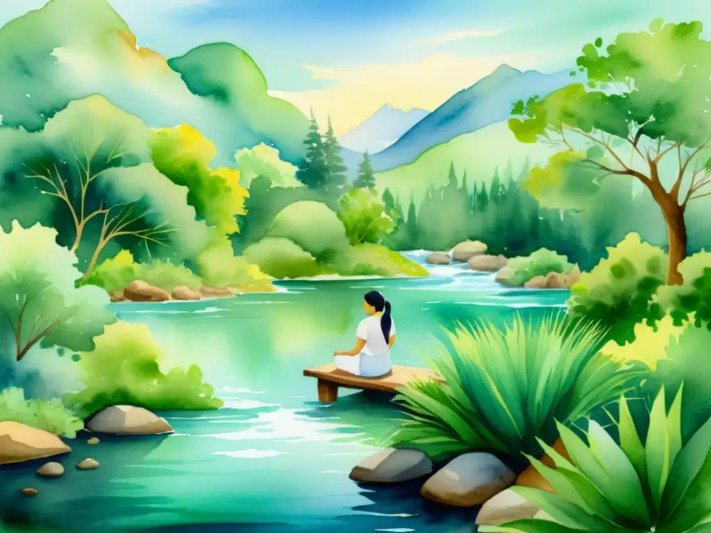 Masaje relajante en retiro espiritual junto al río Una pintura acuarela serena de una terapia de masajes en retiros espirituales, rodeada de exuberante vegetación y un río