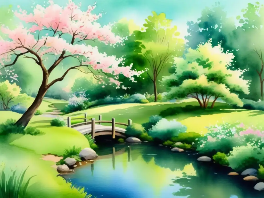 Jardín de cerezos en acuarela: calma y reflexión Una pintura acuarela serena de un jardín tranquilo con árboles de cerezo en flor, un estanque apacible y un arroyo suave entre vegetación exuberante