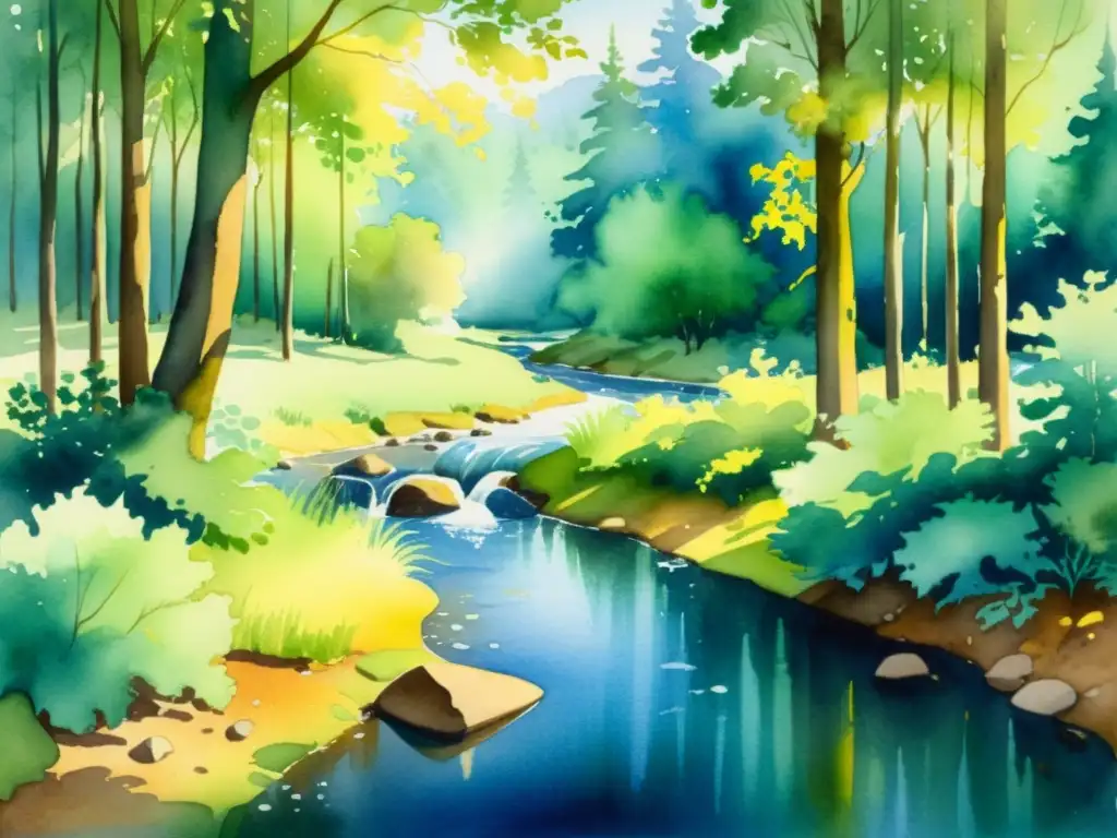 Pintura acuarela de un bosque tranquilo y sereno Una pintura acuarela serena de un tranquilo bosque con luz solar filtrándose entre las ramas, creando sombras moteadas en el suelo