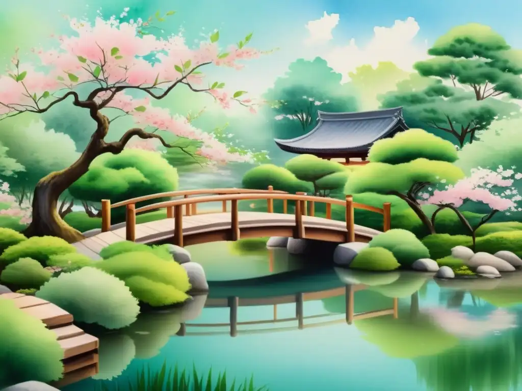 Acuarela serena de jardín Zen con puente y cerezos Una pintura acuarela serena de un tranquilo jardín Zen, con exuberante vegetación, un apacible estanque y un puente de madera sobre el agua