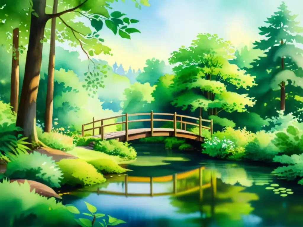 Retiro sereno en el bosque: acuarela 8k Una pintura de acuarela ultradetallada en 8k muestra un retiro espiritual con inteligencia artificial en medio de un bosque exuberante y sereno