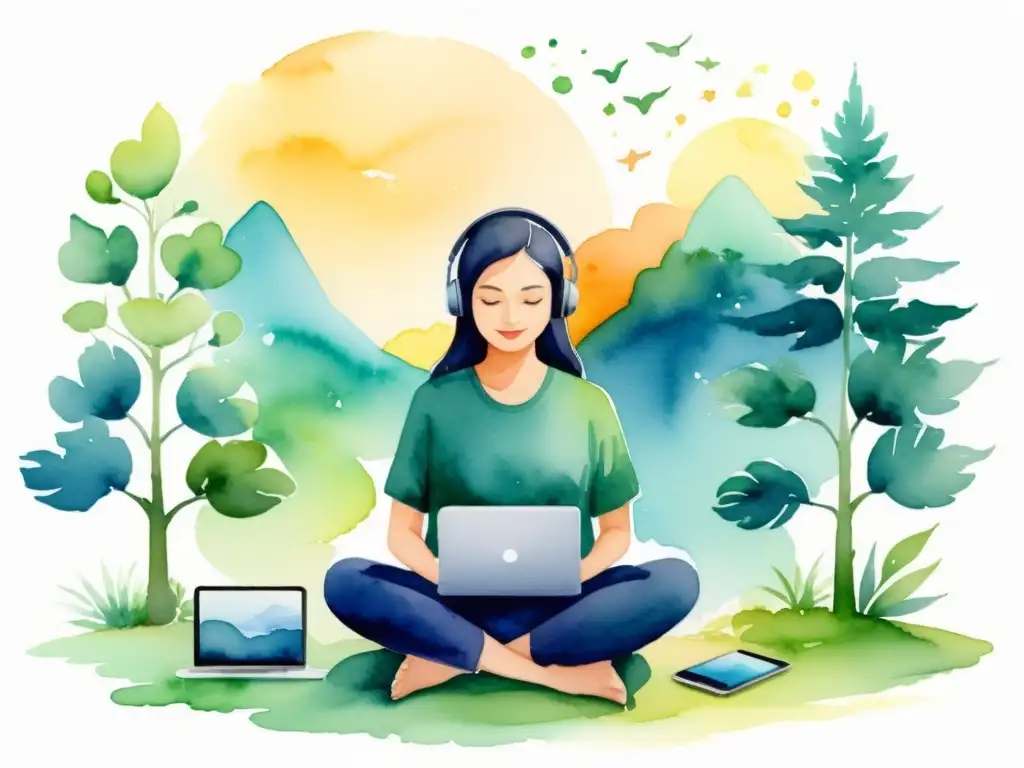 Equilibrio digital y natural: Retrato sereno Una pintura apacible muestra a una persona en meditación entre dispositivos digitales y naturaleza, transmitiendo armonía