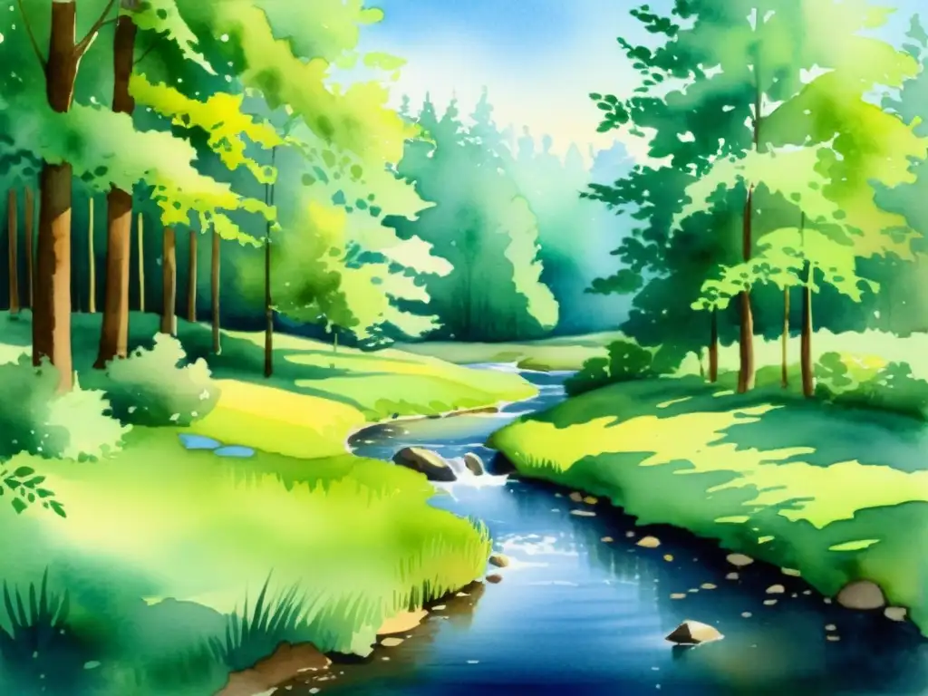 Claro bosque acuarela: serenidad natural Pintura acuarela de un claro boscoso tranquilo, con un arroyo sereno reflejando la naturaleza
