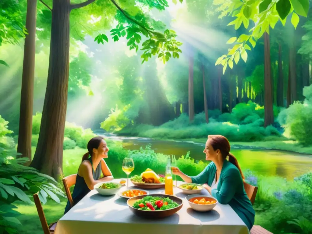 Bosque sereno: comida y conexión espiritual en retiros 'Pintura acuarela de un claro en el bosque con comida y nutrición espiritual para retiros'