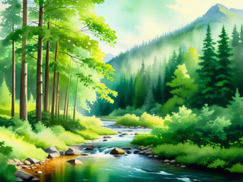 Bosque sereno en Canadá: acuarela de tranquilidad Pintura acuarela de un claro tranquilo en un bosque en Canadá
