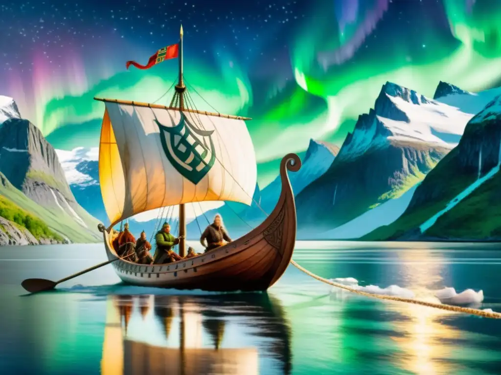 Viking longship: Aventura nórdica en acuarela Una pintura detallada en acuarela 8k de un barco vikingo navegando por un fiordo, con montañas nevadas y auroras boreales en el cielo
