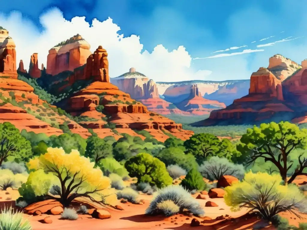 Pintura detallada de Sedona, Arizona: vibrantes paisajes rocosos Pintura detallada en acuarela de las formaciones rocosas de Sedona, Arizona, evocando su energía espiritual y belleza natural bajo un cielo azul