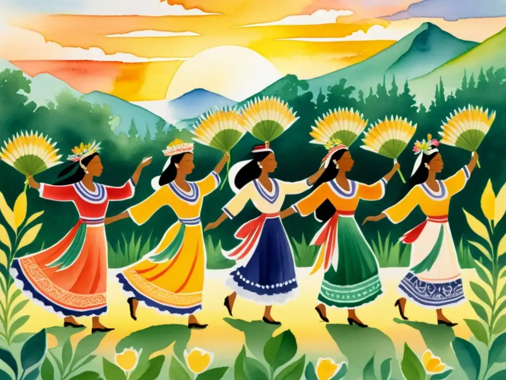 Ritual ancestral en la selva: danza y devoción Una pintura detallada en acuarela muestra un grupo en un ritual ancestral entre exuberante vegetación y flores vibrantes
