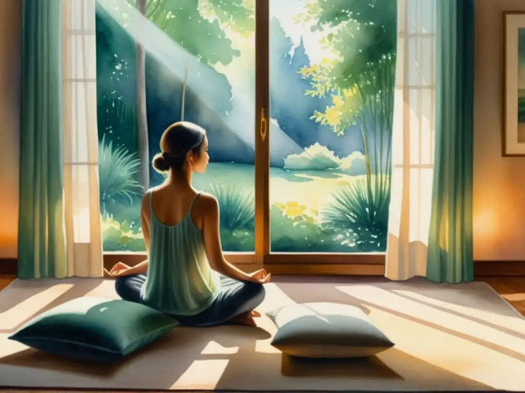 Una pintura detallada en acuarela de una habitación serena y tenue, con una persona meditando en postura de loto