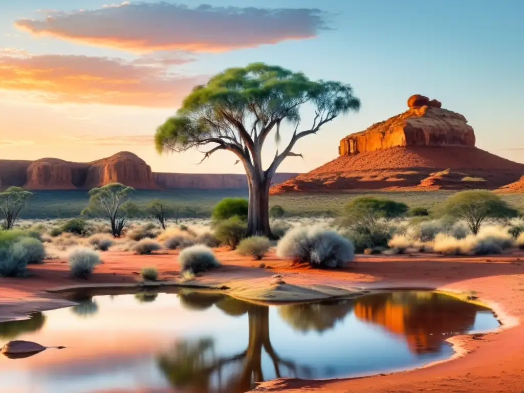 Acuarela detallada en el Outback australiano: oasis en el atardecer Una pintura detallada en acuarela 8k de un oasis tranquilo en el Outback Australiano, ideal para retiros espirituales