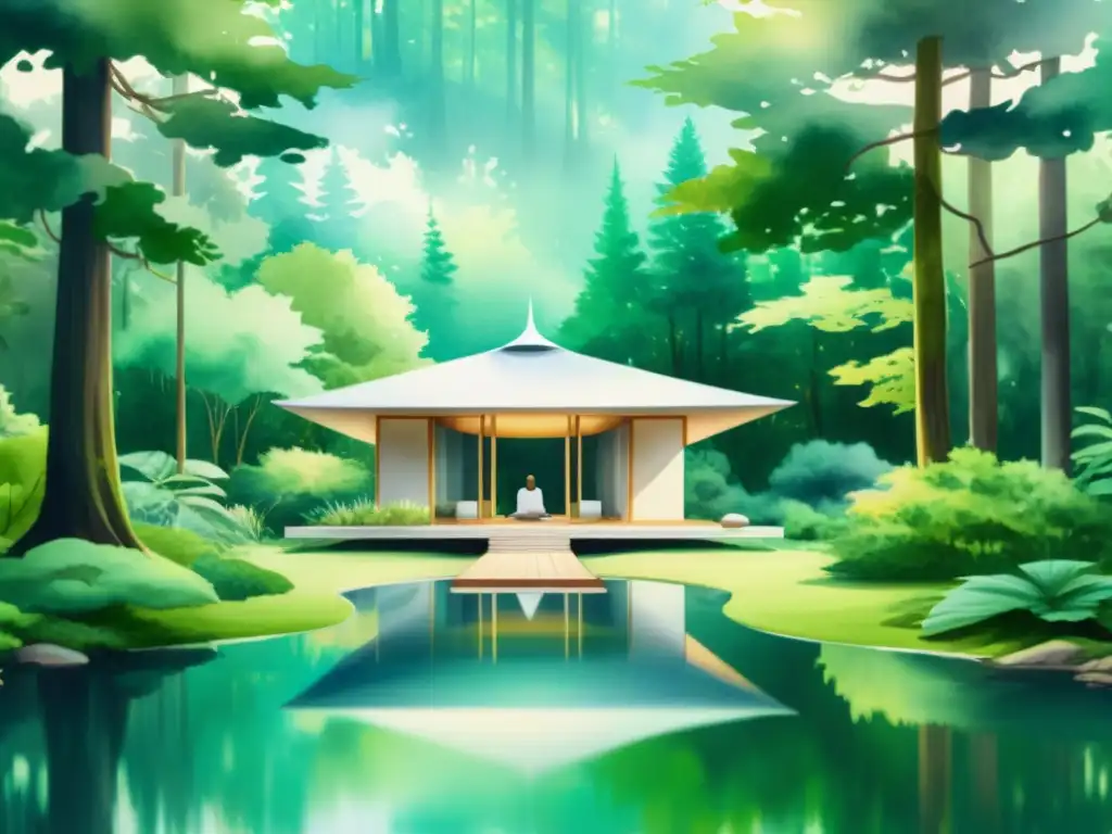 Retiro de meditación futurista en el bosque: acuarela 8k Una pintura detallada en acuarela 8k de un retiro espiritual con inteligencia artificial en un entorno de naturaleza serena y futurista
