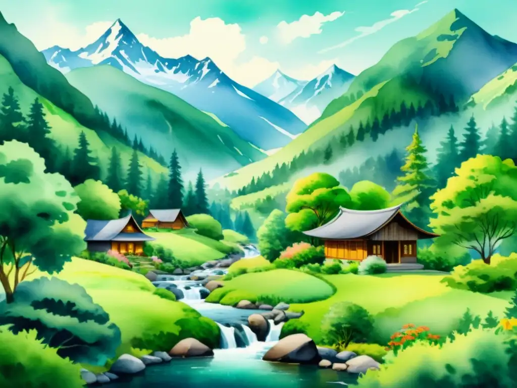 Retiro sereno en la montaña: acuarela en 8k Una pintura detallada en acuarela 8k de un retiro idílico en las montañas con un arroyo y actividades de envejecimiento consciente