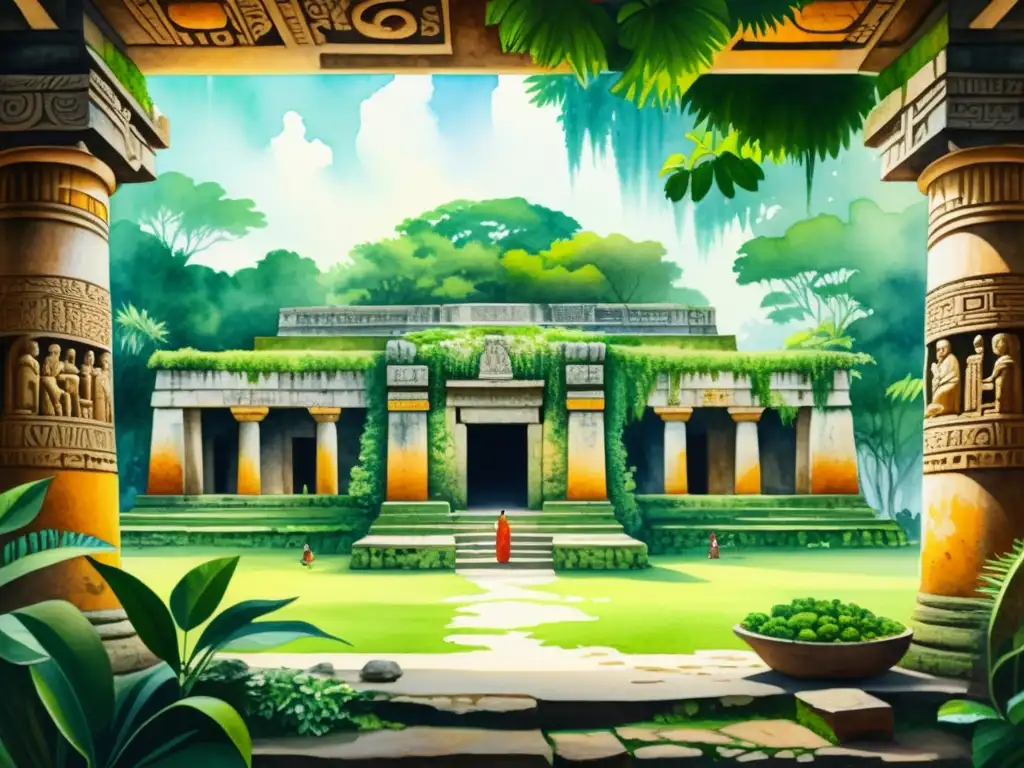 Retiro espiritual en ruinas mayas: acuarela 8k Pintura detallada en acuarela 8k de retiros espirituales en ruinas mayas, con una atmósfera serena y enriquecida por la exuberante vegetación
