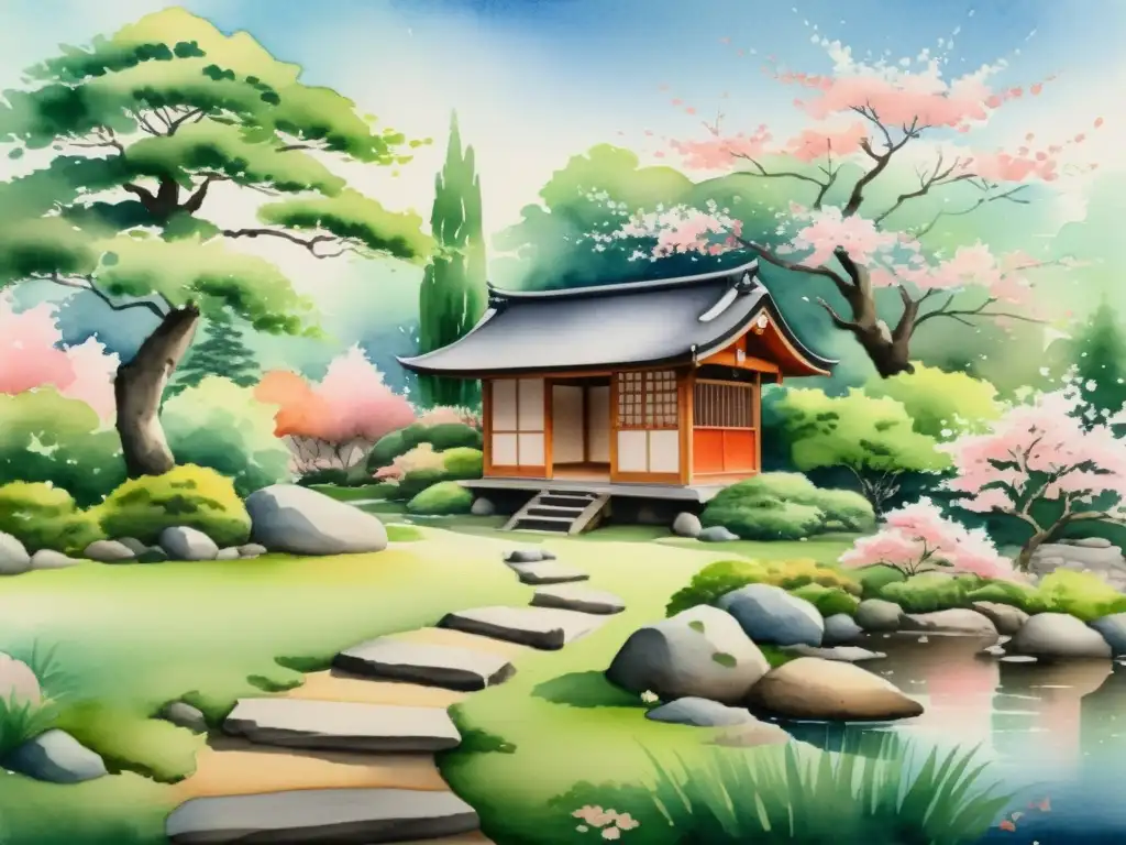 Jardín Japonés: Meditación Zen en Acuarela Una pintura detallada en acuarela de un sereno jardín japonés con una cabaña de meditación