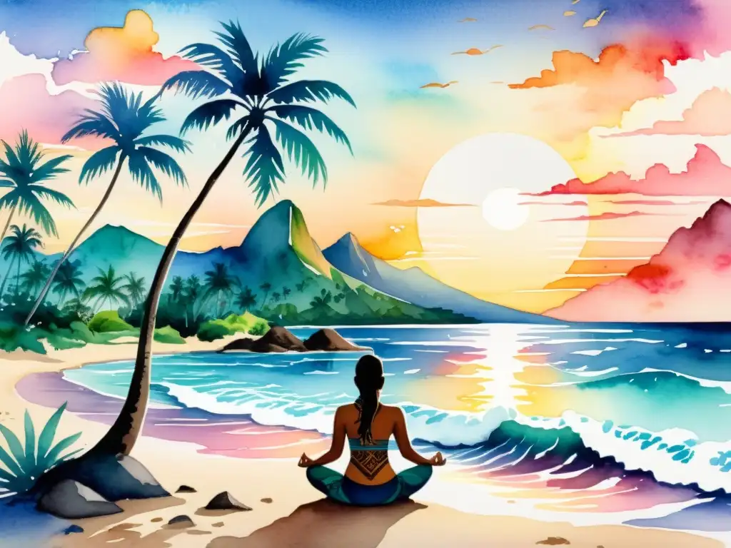 Pintura acuarela: Serenidad en la playa polinesia Una pintura detallada al agua de una playa polinesia al atardecer, con palmeras, tatuajes tradicionales y una sensación de tranquilidad espiritual