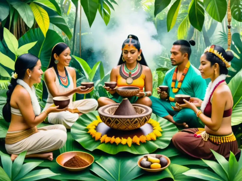 Ritual de cacao maya en la selva Una pintura detallada de una ceremonia de cacao maya en la jungla, con participantes vestidos con atuendos tradicionales, rodeados de flora tropical
