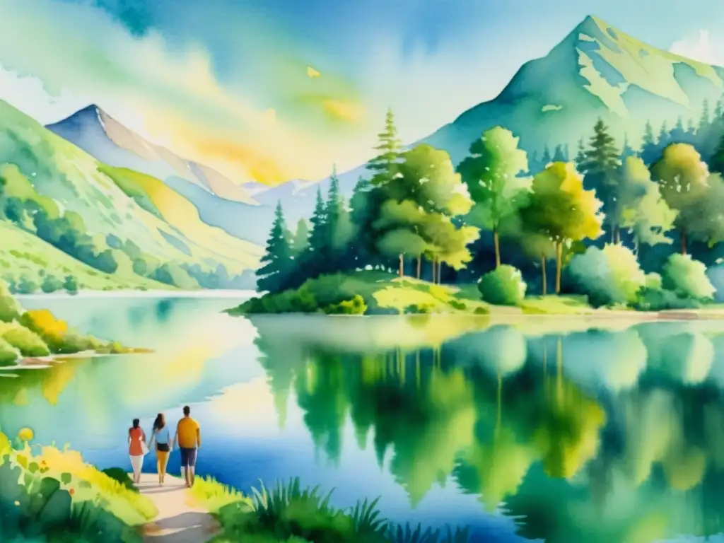 Unión en la naturaleza: Pintura acuarela 8k de diversidad y paz Pintura detallada de 8k muestra a un grupo diverso de personas unidas en un lago, rodeados de montañas verdes