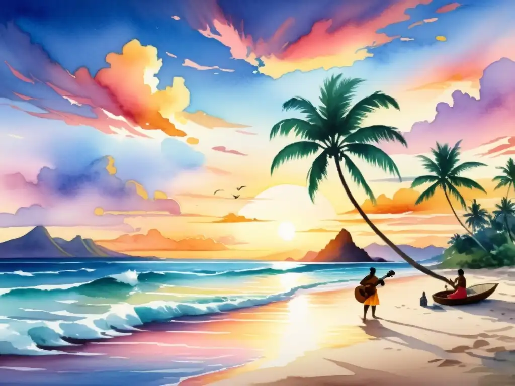 Pintura acuarela de playa polinesia al atardecer Pintura detallada de una playa polinesia al atardecer con músicos y palmeras, evocando paz y retiros espirituales música polinesia