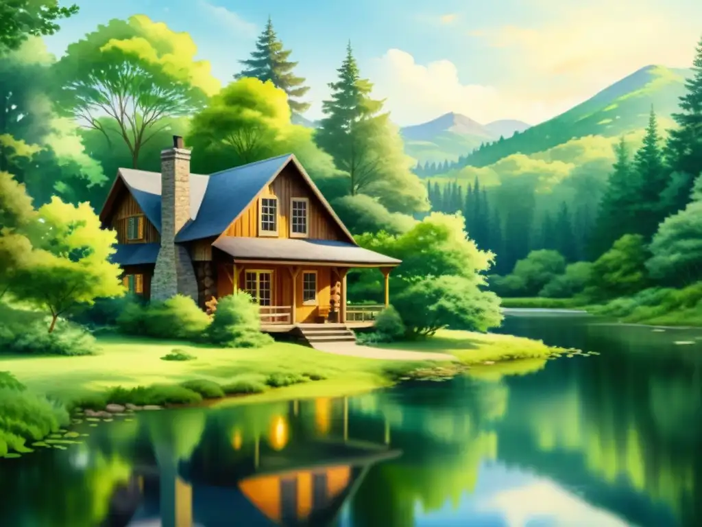 Pintura acuarela detallada en 8k de retiro silencioso en el bosque, evocando renovación y calma