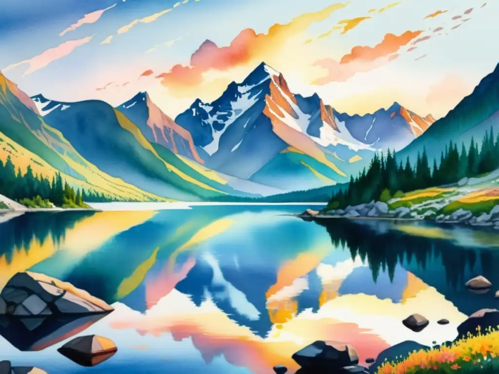 Pintura acuarela detallada: paisaje sereno de montañas al atardecer Una pintura detallada de una serena paisaje montañoso con un lago tranquilo que refleja el cielo al atardecer