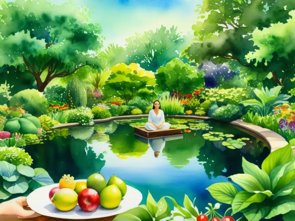 Jardín sereno con comida mindful y naturaleza vibrante Una pintura detallada de un jardín sereno y soleado con una figura en meditación rodeada de frutas, verduras y nueces