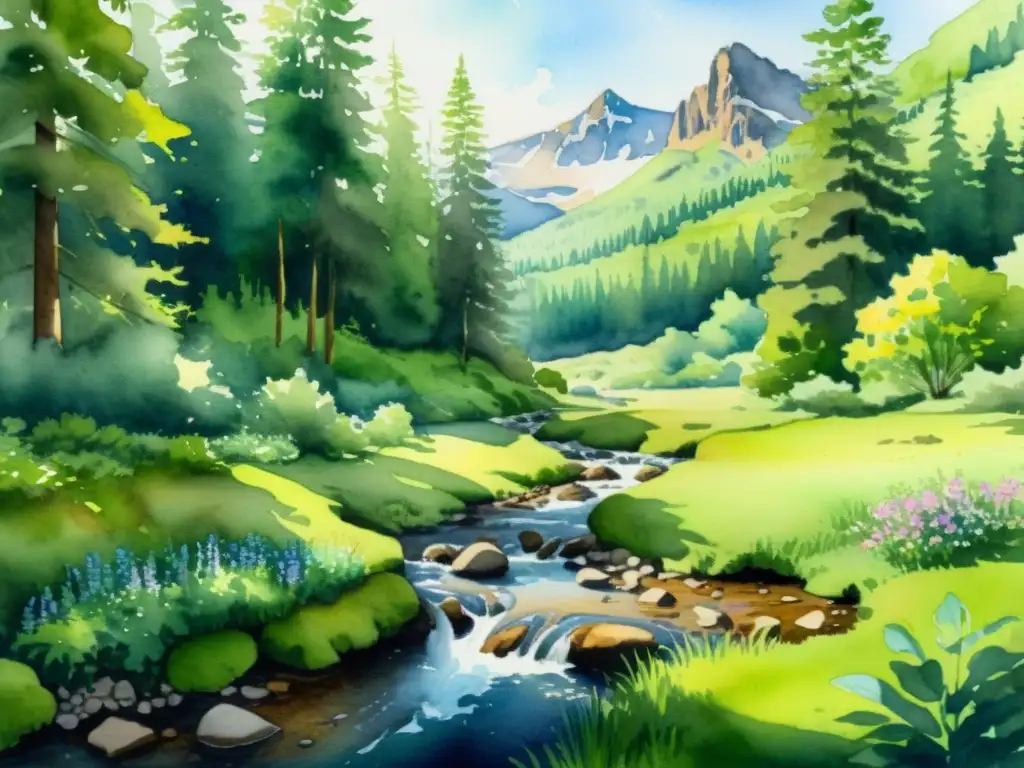 Pintura acuarela 8k: Bosque sereno con arroyo y cabaña Una pintura acuarela detallada en 8k de un tranquilo claro en el bosque con follaje verde vibrante y un arroyo
