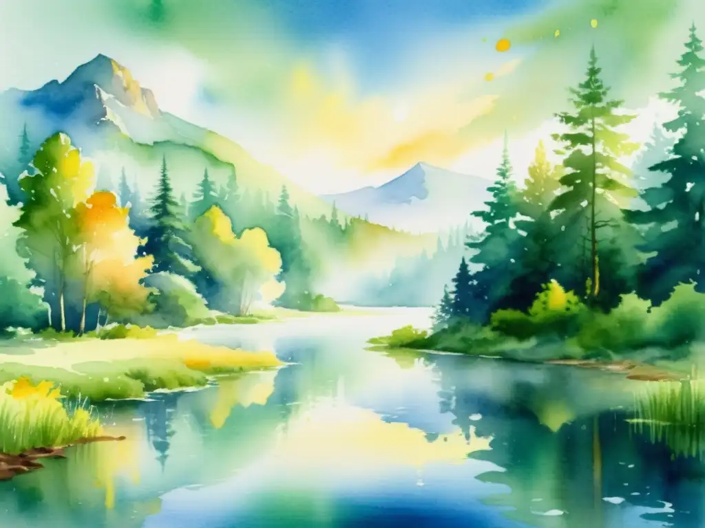 Serena belleza natural en acuarela Una pintura acuarela etérea de un claro boscoso sereno, reflejando la exuberante vegetación verde en un estanque tranquilo