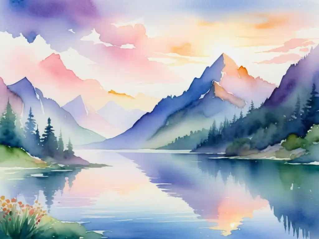 Paisaje de montaña espiritual en acuarela Una pintura etérea de un paisaje montañoso sereno bañado por la suave luz del sol al amanecer o atardecer