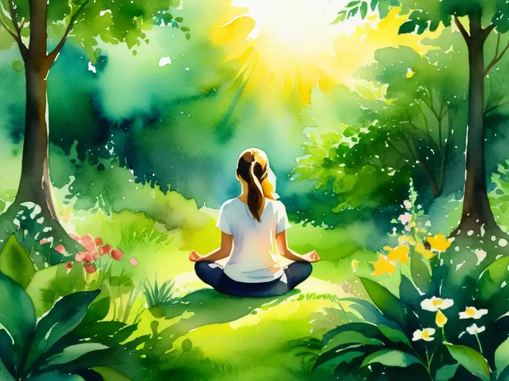 Una pintura etérea de una persona meditando en un claro verde y exuberante, rodeada de flores y follaje vibrante
