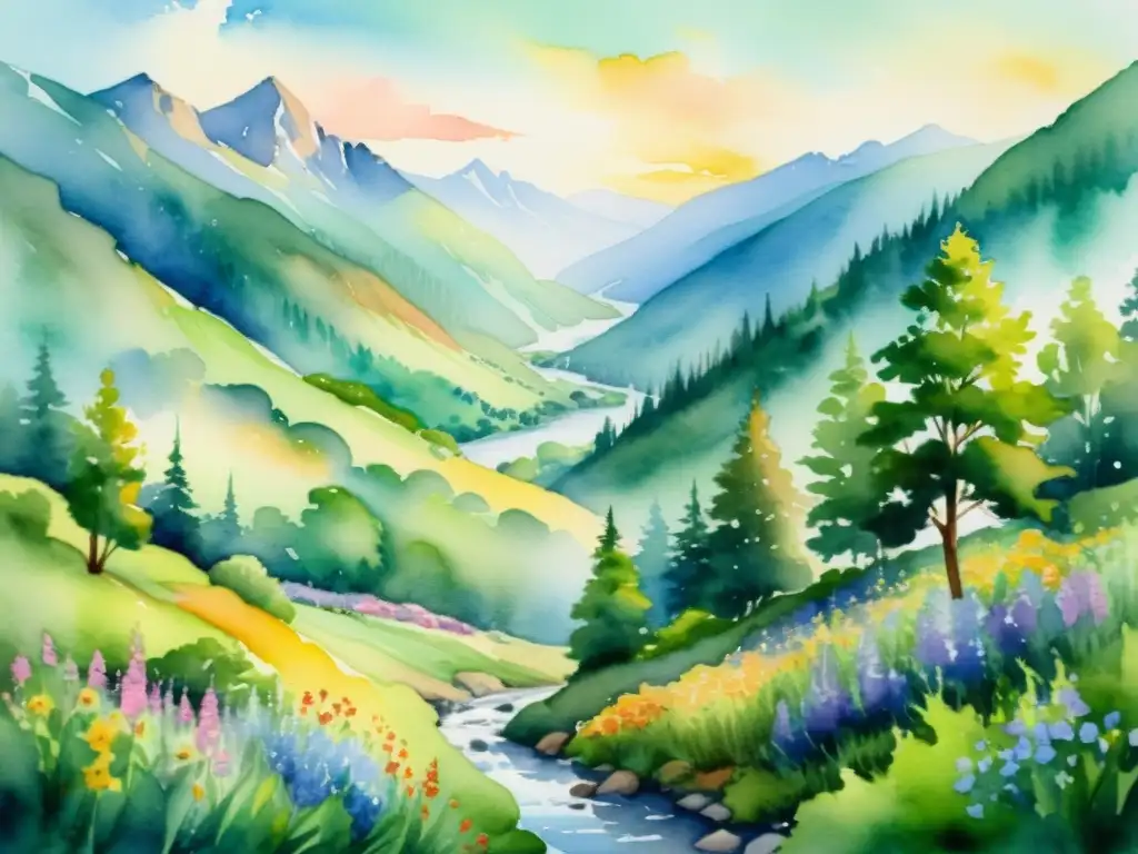 Retiro espiritual en la montaña: paisaje sereno en acuarela Una pintura etérea de un retiro espiritual en la montaña, con naturaleza exuberante, río serpenteante y un cielo bañado por el sol