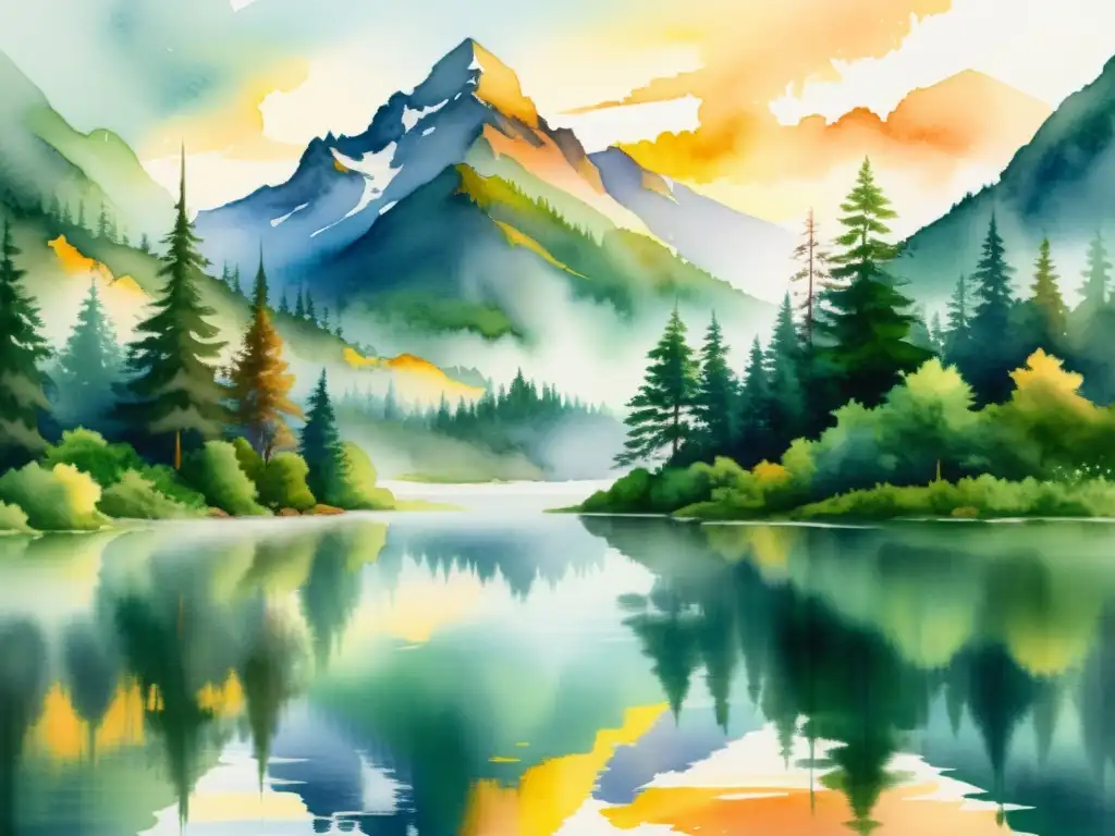 Pintura acuarela de retiro montañoso sereno y etéreo Una pintura acuarela etérea de un retiro de montaña sereno, con exuberante vegetación, un lago tranquilo y un cálido atardecer dorado