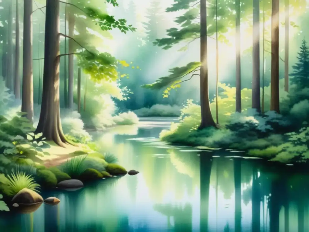 Cuadro acuarela: Bosque sereno y tranquilo Una pintura etérea de un sereno bosque, con luz solar filtrándose en un tranquilo estanque