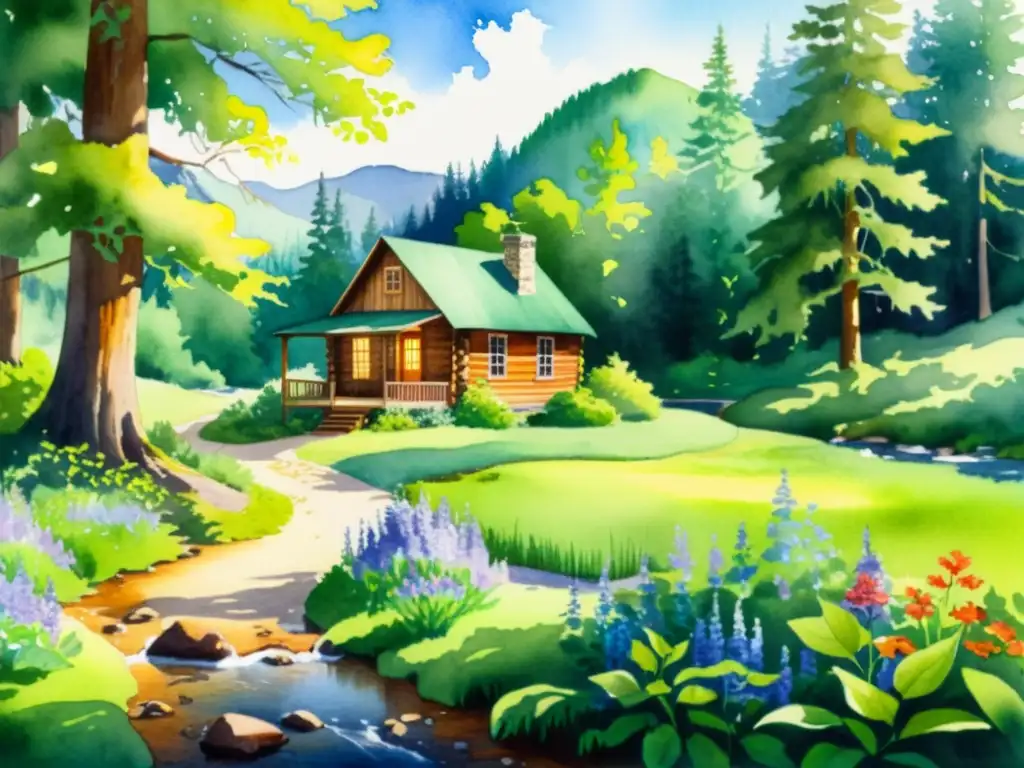 Bosque Ecofriendly: Pintura acuarela Pintura hermosa de bosque tranquilo, arroyo y flores