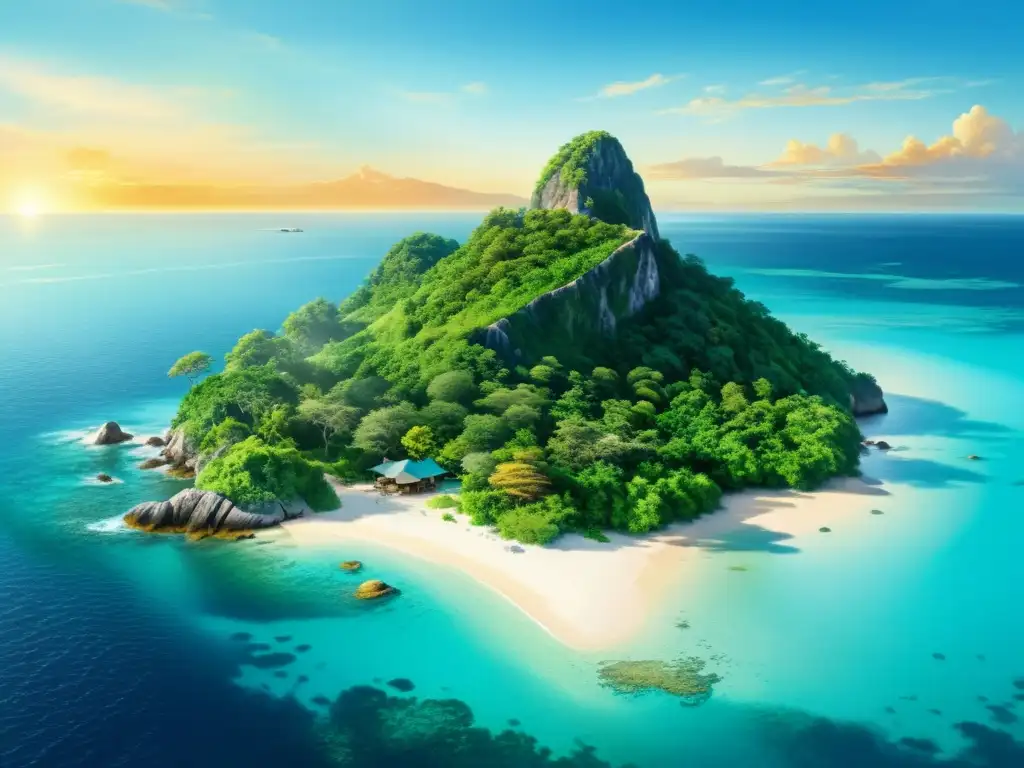 Paraíso sereno: Isla remota con aguas turquesas y atardecer cálido Pintura acuarela de una isla remota, aguas turquesa cristalinas, vegetación exuberante y un cálido atardecer