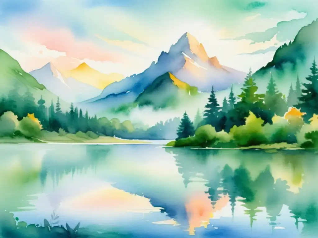 Paisaje de montaña sereno en acuarela Pintura acuarela de montaña neblinosa con lago tranquilo