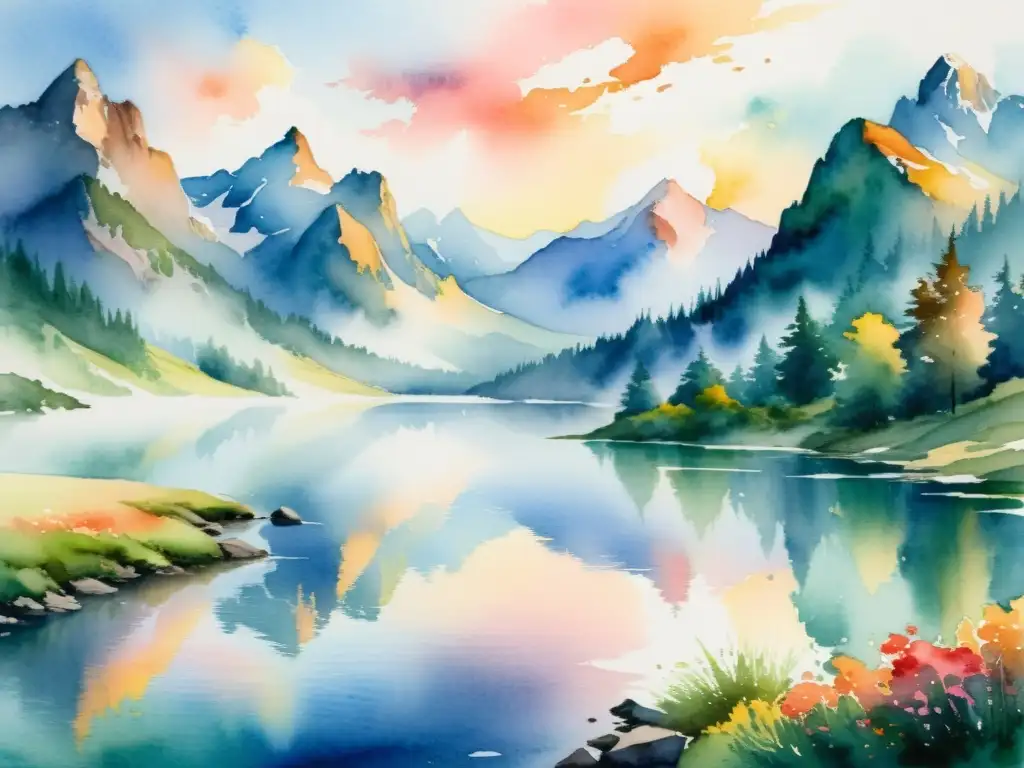Paisaje montañoso al atardecer: serenidad y belleza natural Una pintura de paisaje sereno con montañas, lago y cielo al atardecer