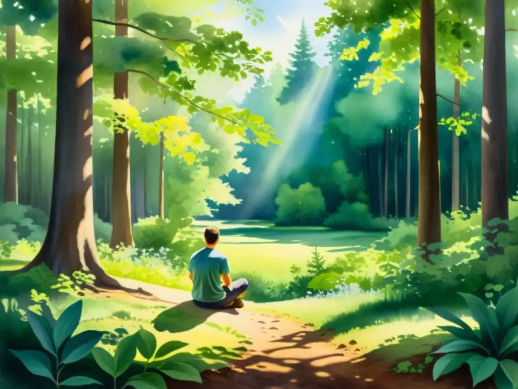 Retiro espiritual en el bosque: serenidad y contemplación Una pintura serena en acuarela de un claro forestal pacífico, con luz solar filtrándose entre los árboles y proyectando sombras moteadas en el suelo