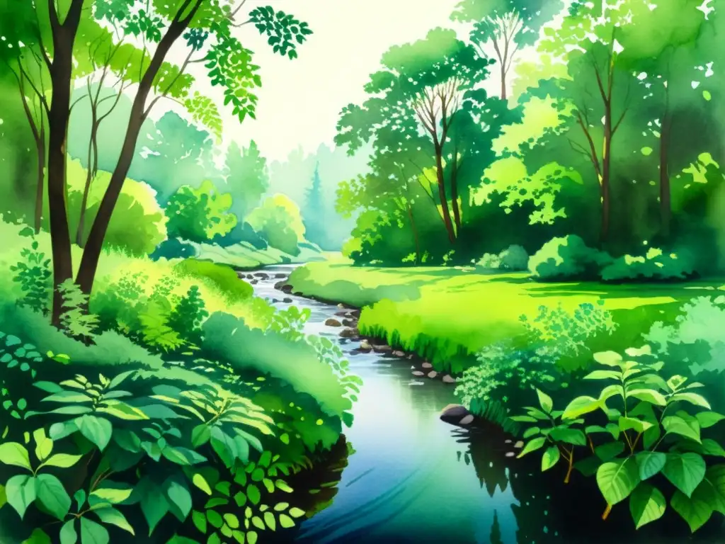 Bosque sereno: acuarela de la naturaleza exuberante Una pintura serena en acuarela de un exuberante bosque verde con luz solar filtrándose entre las hojas, creando sombras moteadas en el suelo