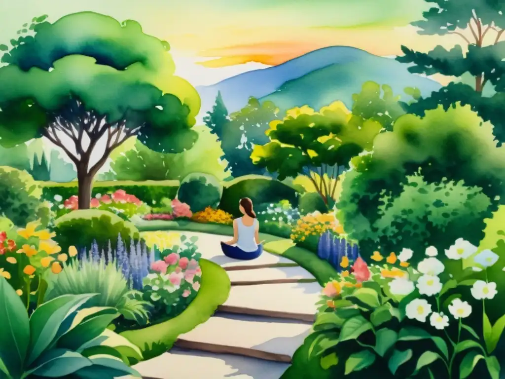 Jardín sereno: meditación entre flores y atardecer Una pintura serena en acuarela de un exuberante jardín verde lleno de flores vibrantes y senderos sinuosos