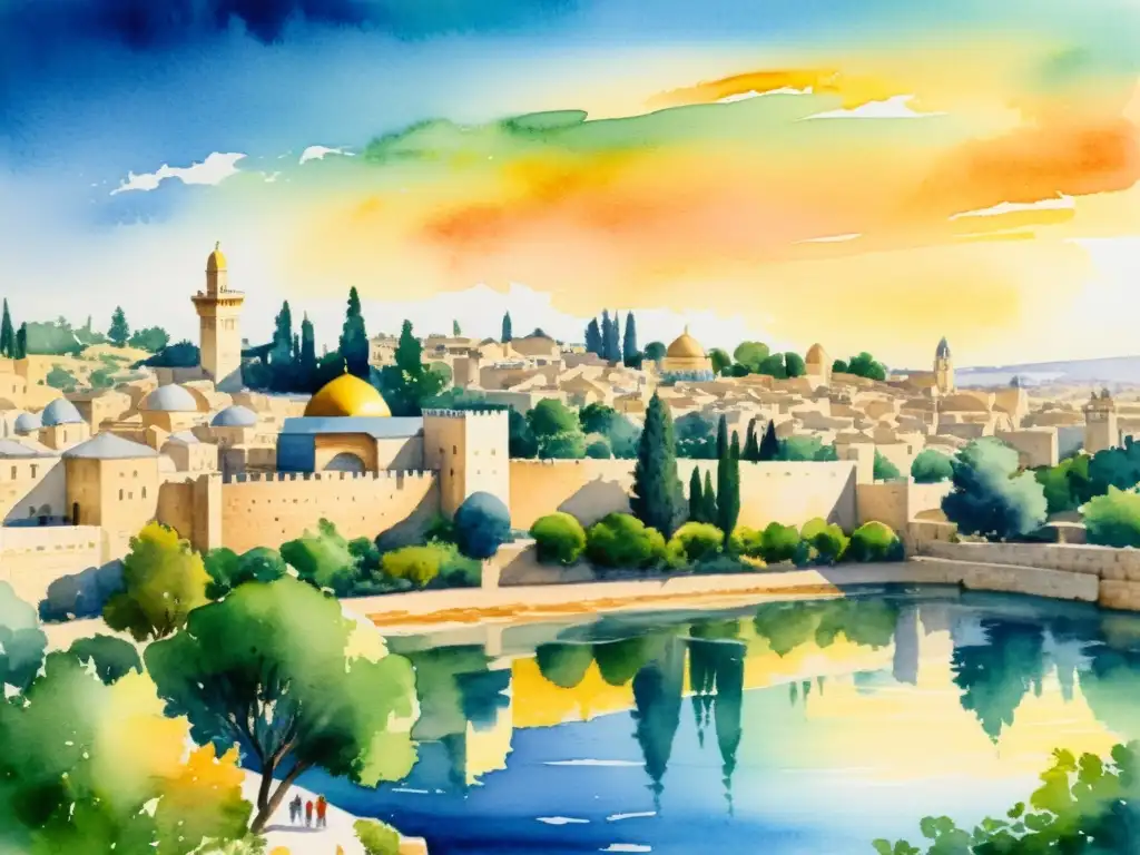 Pintura acuarela de Jerusalén al atardecer Pintura acuarela serena de Jerusalén antigua al atardecer, con retiros espirituales en Tierra Santa