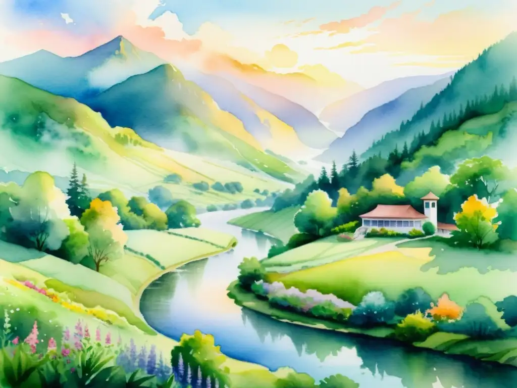 Retiro sereno en el valle: acuarela tranquila Pintura acuarela serena de un centro de retiro en un valle verde, con río y montañas neblinosas al fondo