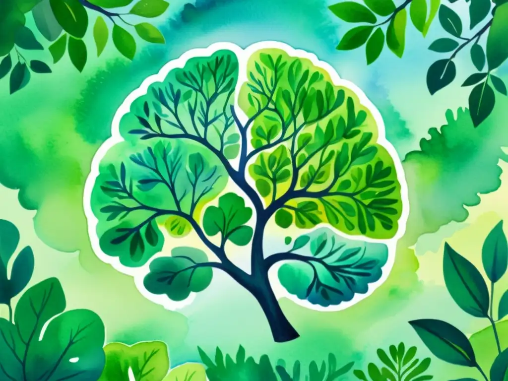 Brain in Nature: Serenidad en Acuarela Una pintura serena de un cerebro humano rodeado de naturaleza tranquila, con arroyos suaves y exuberante vegetación